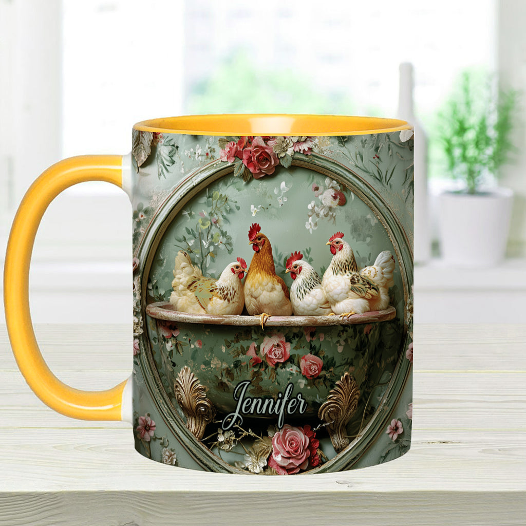 Vintage-Tasse mit Blumenmuster und Hühnermotiv – personalisierte Tasse mit Hühnermotiv