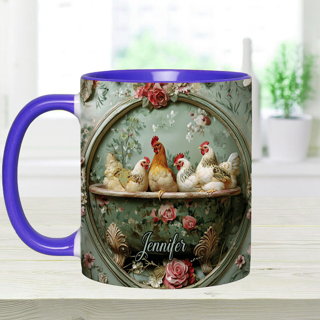 Vintage-Tasse mit Blumenmuster und Hühnermotiv – personalisierte Tasse mit Hühnermotiv