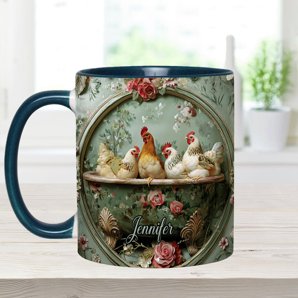 Vintage-Tasse mit Blumenmuster und Hühnermotiv – personalisierte Tasse mit Hühnermotiv
