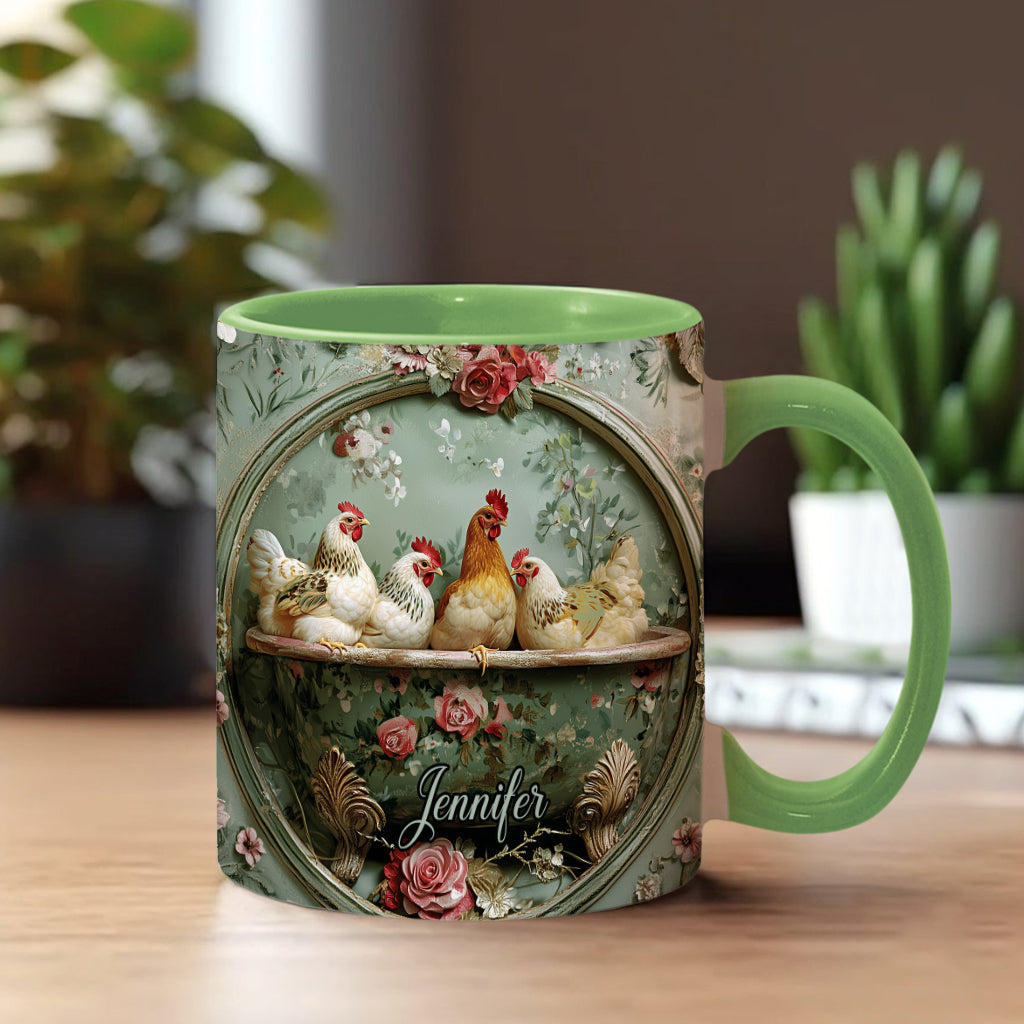 Vintage-Tasse mit Blumenmuster und Hühnermotiv – personalisierte Tasse mit Hühnermotiv
