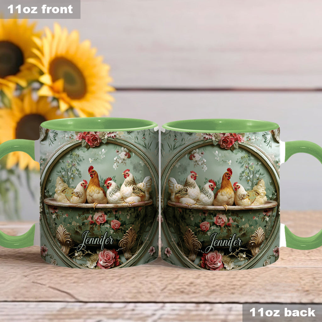 Vintage-Tasse mit Blumenmuster und Hühnermotiv – personalisierte Tasse mit Hühnermotiv