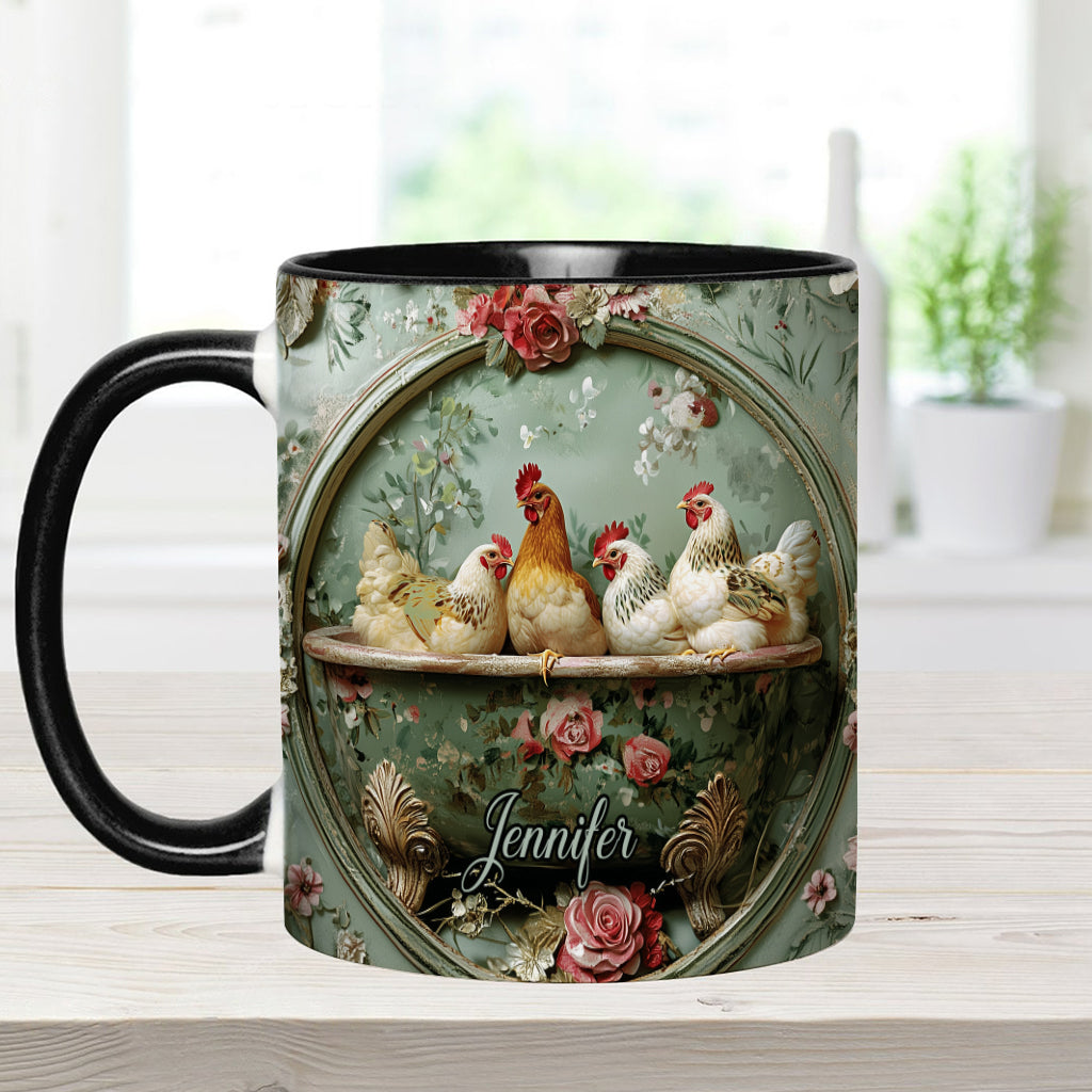 Vintage-Tasse mit Blumenmuster und Hühnermotiv – personalisierte Tasse mit Hühnermotiv