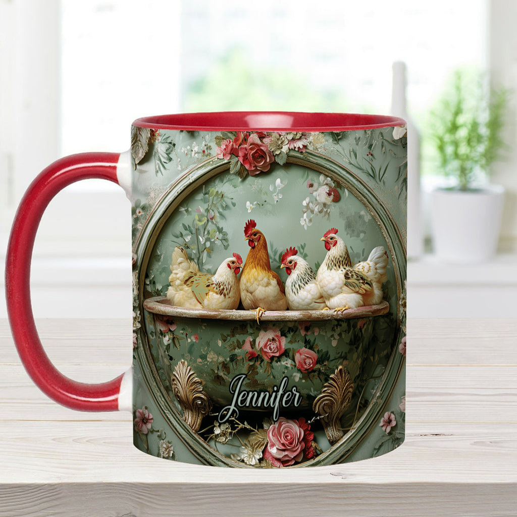 Vintage-Tasse mit Blumenmuster und Hühnermotiv – personalisierte Tasse mit Hühnermotiv