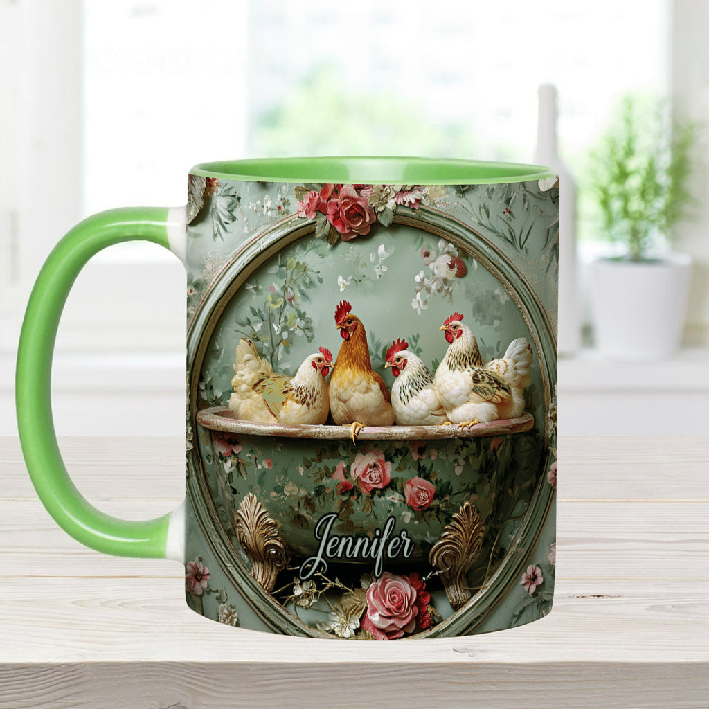 Vintage-Tasse mit Blumenmuster und Hühnermotiv – personalisierte Tasse mit Hühnermotiv