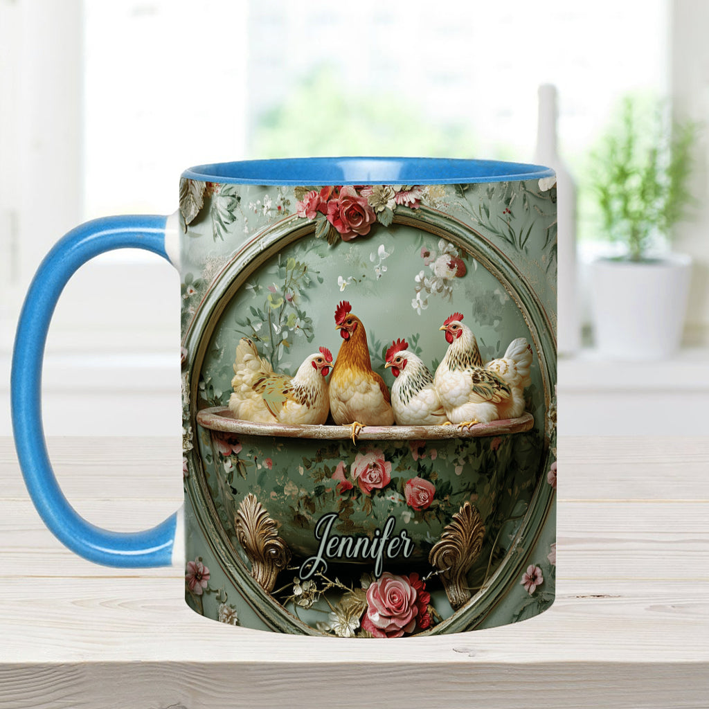 Vintage-Tasse mit Blumenmuster und Hühnermotiv – personalisierte Tasse mit Hühnermotiv