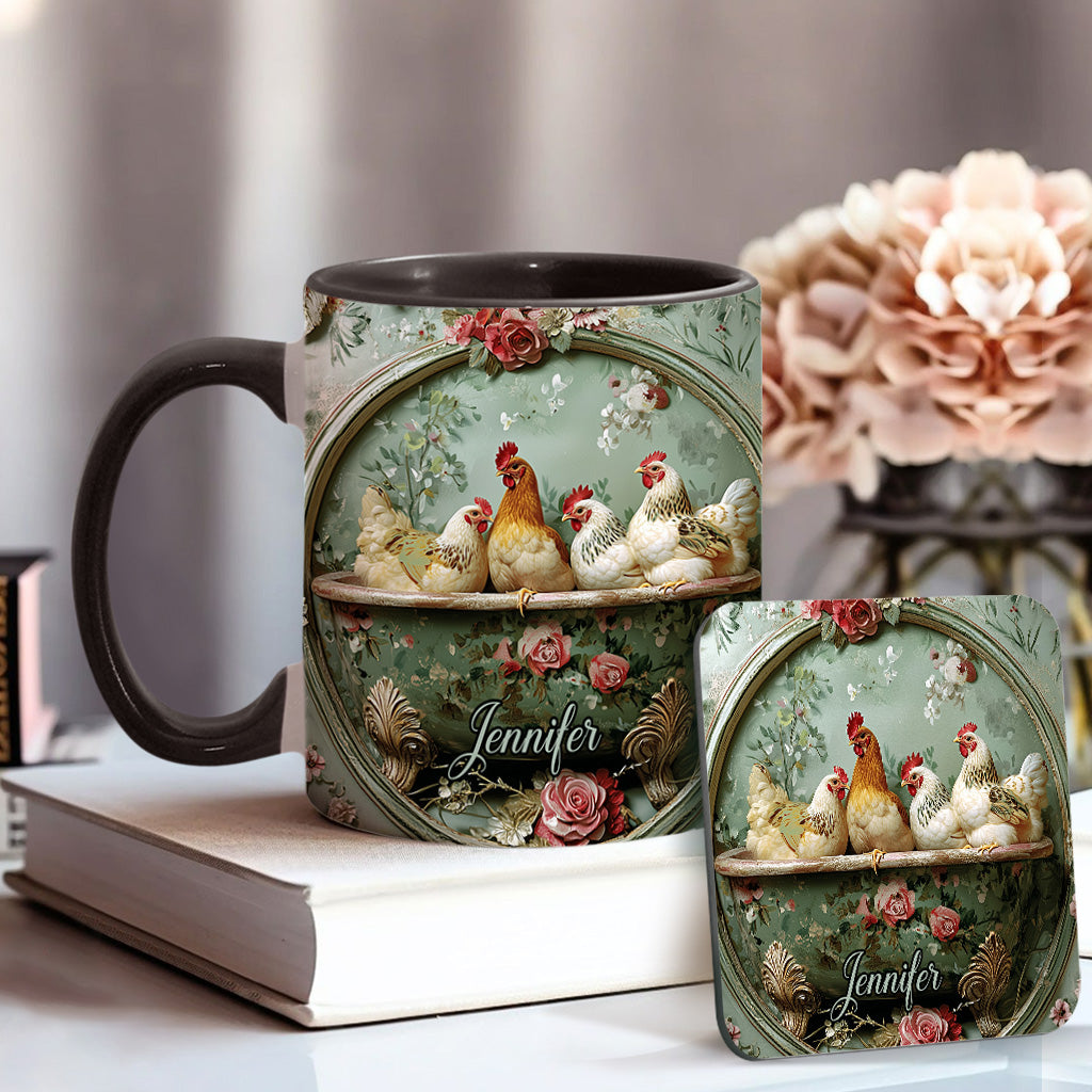 Vintage-Tasse mit Blumenmuster und Hühnermotiv – personalisierte Tasse mit Hühnermotiv