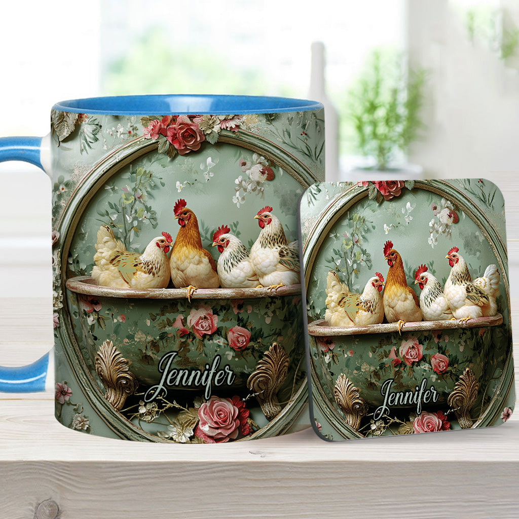 Vintage-Tasse mit Blumenmuster und Hühnermotiv – personalisierte Tasse mit Hühnermotiv