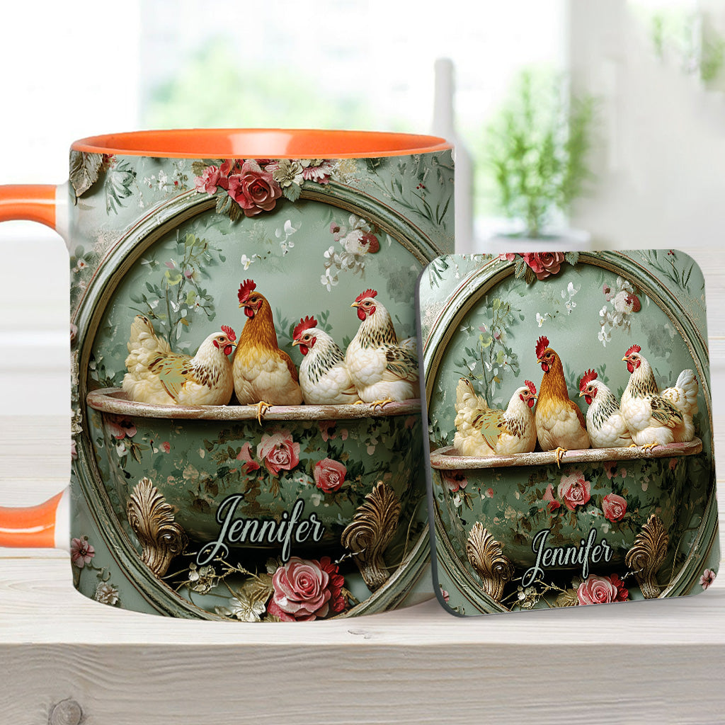 Vintage-Tasse mit Blumenmuster und Hühnermotiv – personalisierte Tasse mit Hühnermotiv