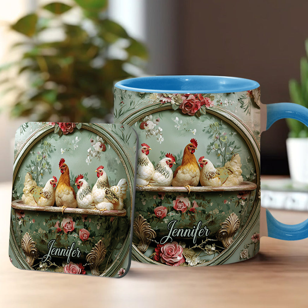 Vintage-Tasse mit Blumenmuster und Hühnermotiv – personalisierte Tasse mit Hühnermotiv