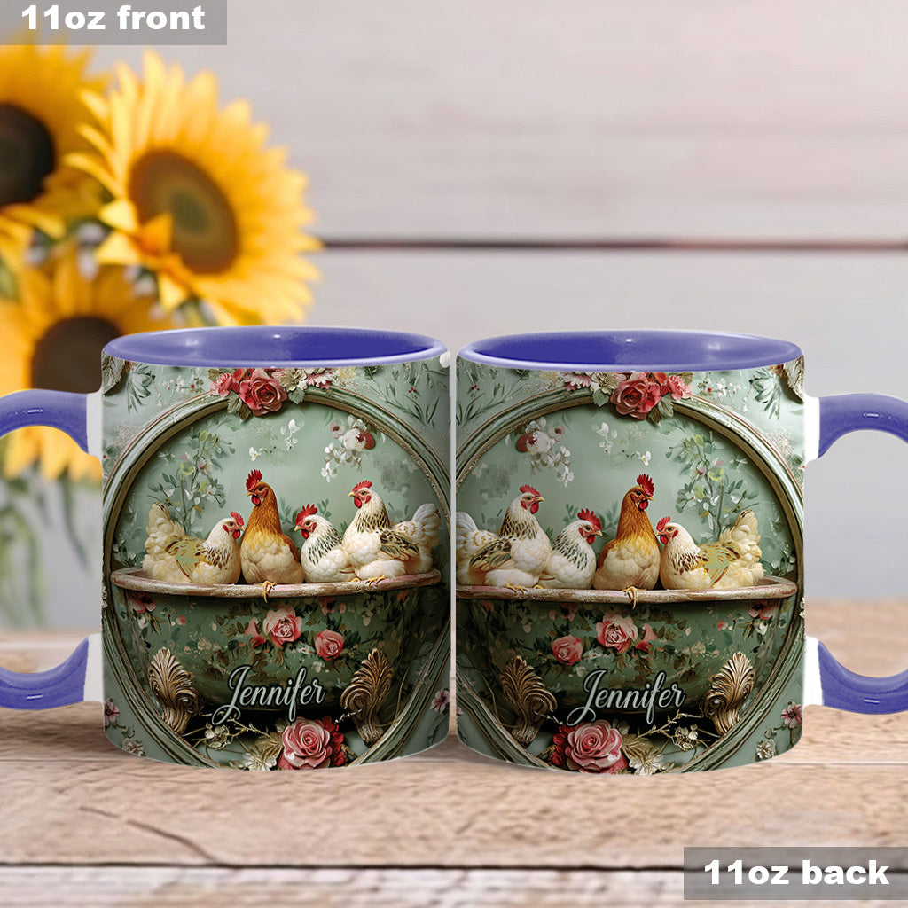 Vintage-Tasse mit Blumenmuster und Hühnermotiv – personalisierte Tasse mit Hühnermotiv