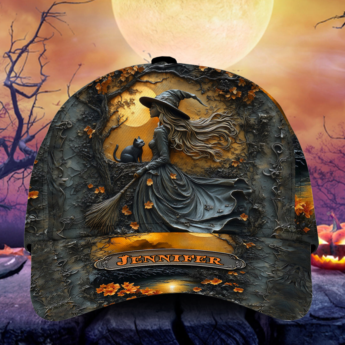 Wunderschöne Hexe und ihre schwarze Katze – personalisierte klassische Hexenmütze