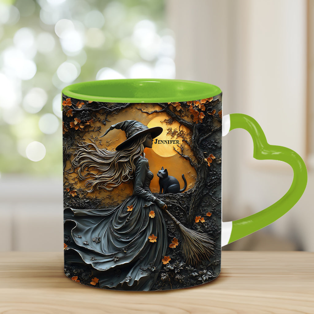 Beautiful Witch & Her Black Cat - Personalized Witch Heart Handle Mug