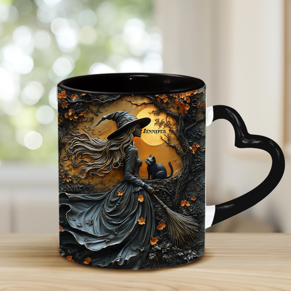 Beautiful Witch & Her Black Cat - Personalized Witch Heart Handle Mug