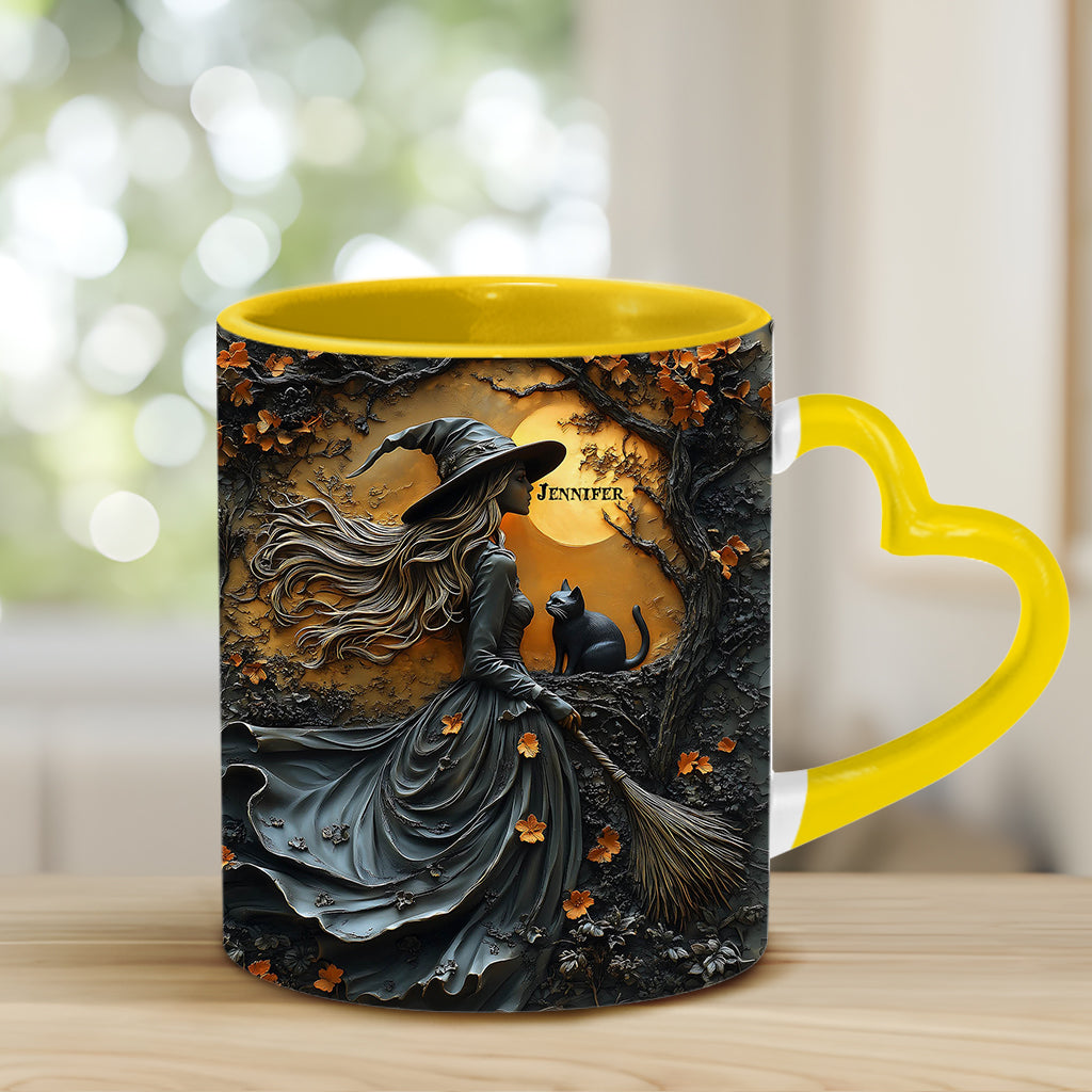 Beautiful Witch & Her Black Cat - Personalized Witch Heart Handle Mug