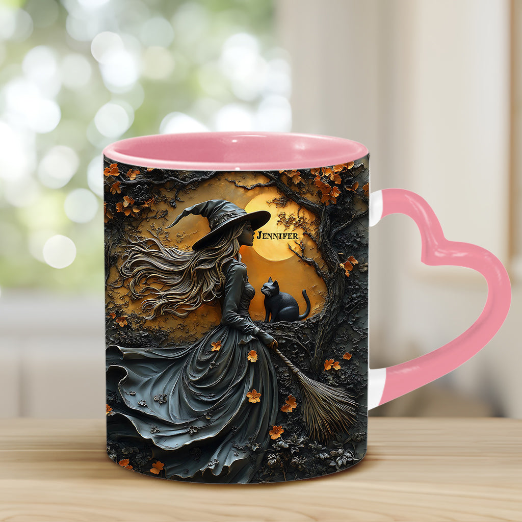 Beautiful Witch & Her Black Cat - Personalized Witch Heart Handle Mug
