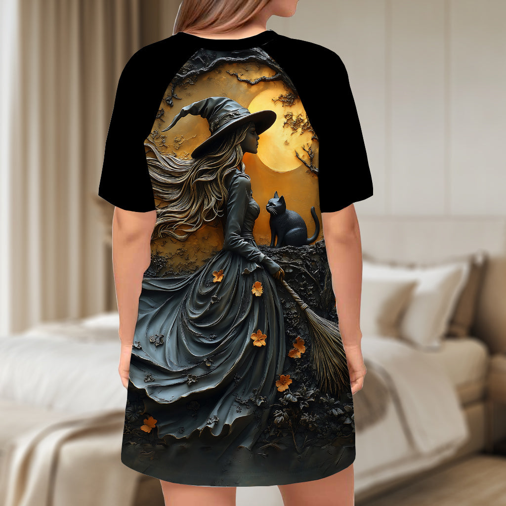 Beautiful Witch & Her Black Cat - Personalized Witch Sleep T-shirt Dress