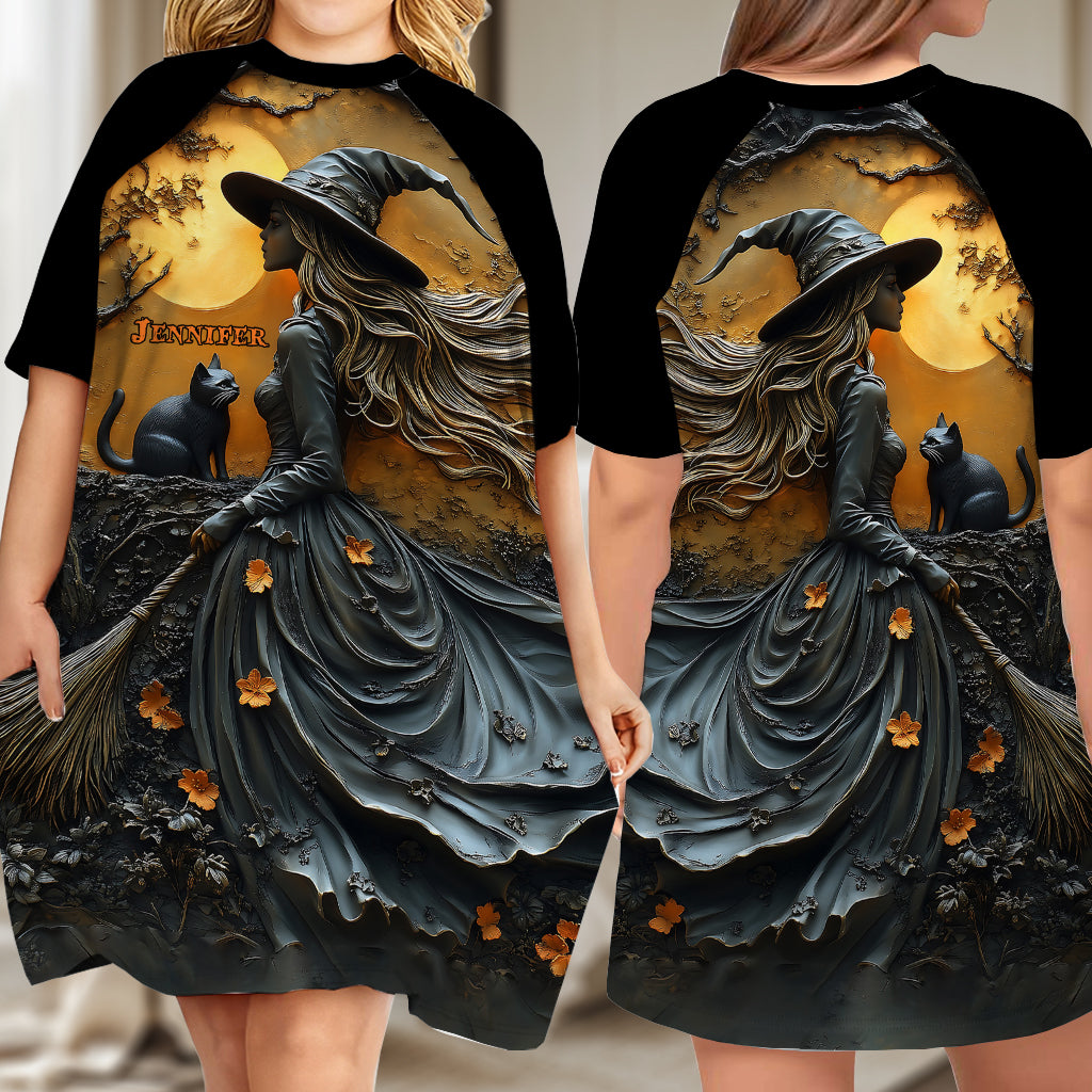 Beautiful Witch & Her Black Cat - Personalized Witch Sleep T-shirt Dress