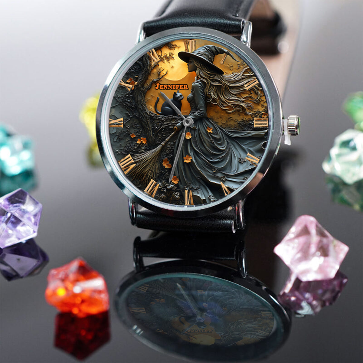 Beautiful Witch & Her Black Cat - Personalized Witch Hand Watch