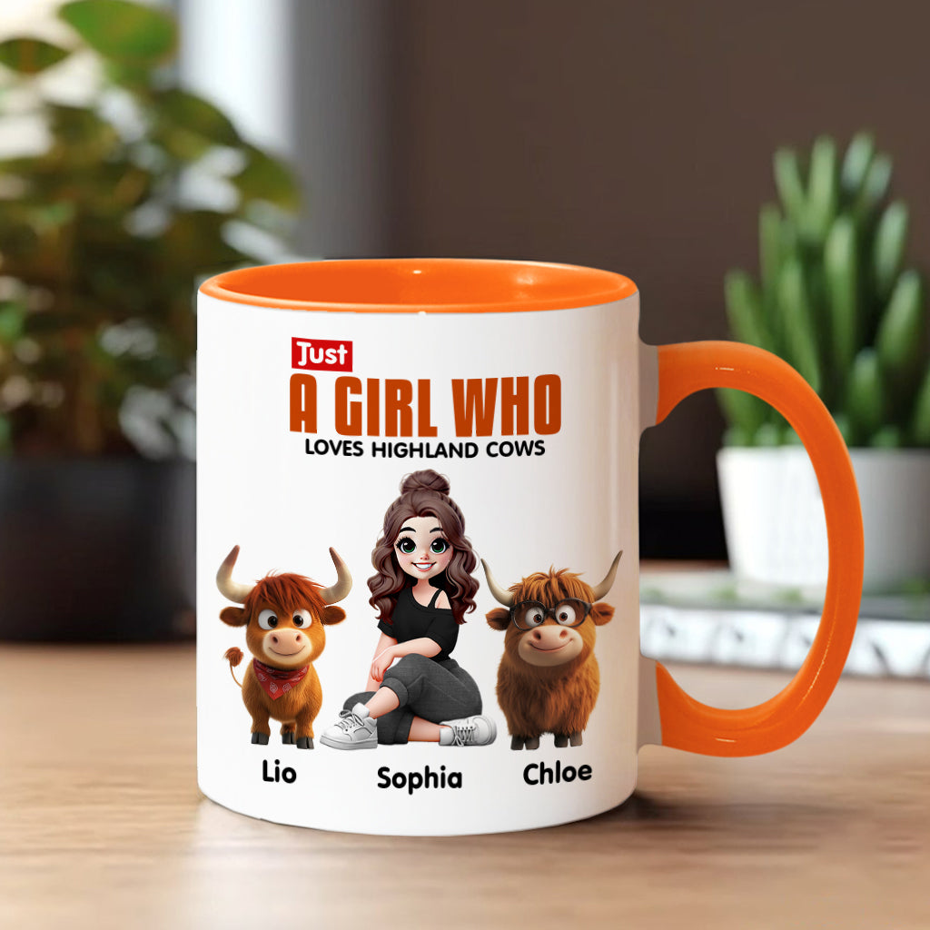 Personalisierte Tasse mit Akzent für ein Mädchen, das Hochlandrinder liebt