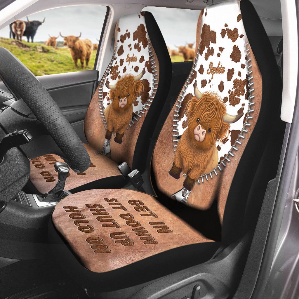 Einsteigen, hinsetzen, Klappe halten, festhalten – personalisierte Frosch-Sitzbezüge