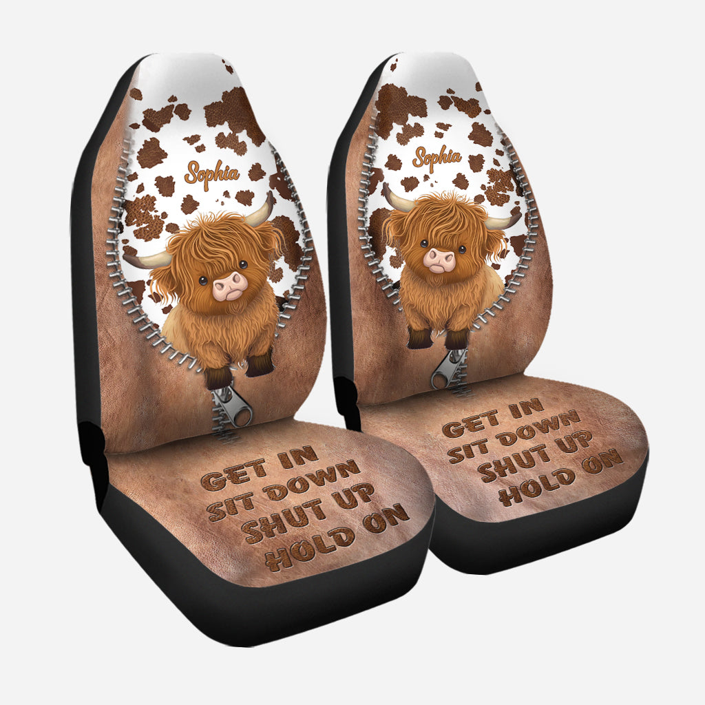 Einsteigen, hinsetzen, Klappe halten, festhalten – personalisierte Frosch-Sitzbezüge