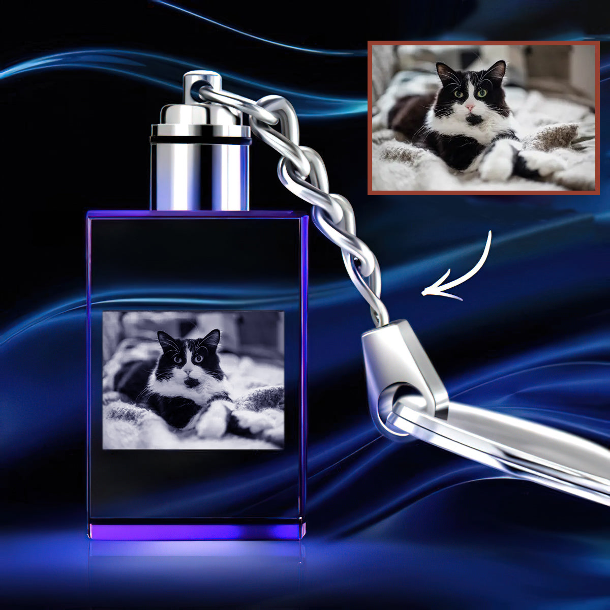 Personalisierter Foto-Schlüsselanhänger mit LED-Beleuchtung und Kristallen – das perfekte Geschenk für jeden Hunde- oder Katzenliebhaber, der einen geliebten Menschen verloren hat.