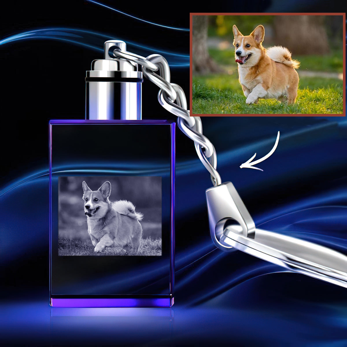 Personalisierter Foto-Schlüsselanhänger mit LED-Beleuchtung und Kristallen – das perfekte Geschenk für jeden Hunde- oder Katzenliebhaber, der einen geliebten Menschen verloren hat.