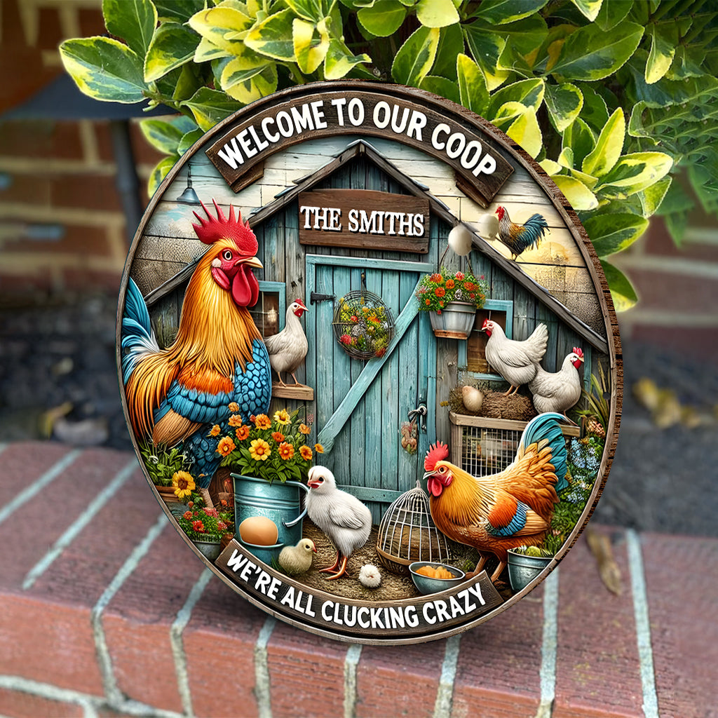 Willkommen in unserem Hühnerstall – Personalisiertes rundes Holzschild „Hühner“