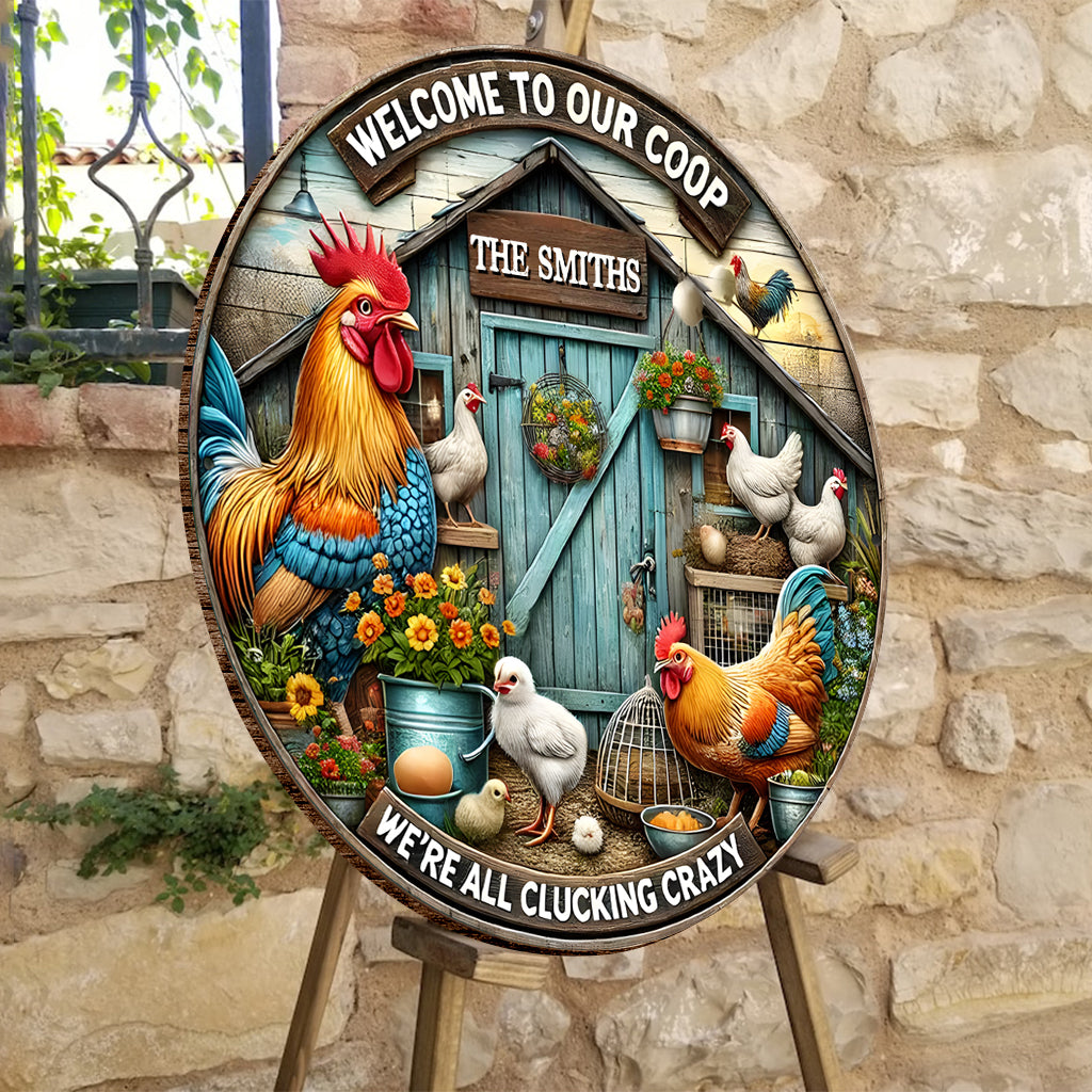 Willkommen in unserem Hühnerstall – Personalisiertes rundes Holzschild „Hühner“