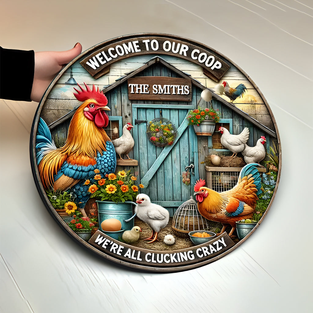 Willkommen in unserem Hühnerstall – Personalisiertes rundes Holzschild „Hühner“