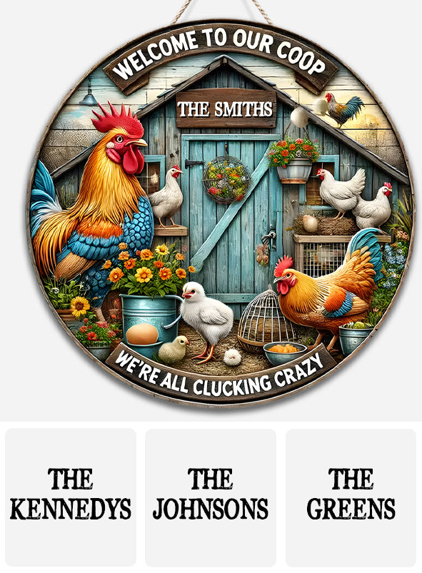 Willkommen in unserem Hühnerstall – Personalisiertes rundes Holzschild „Hühner“
