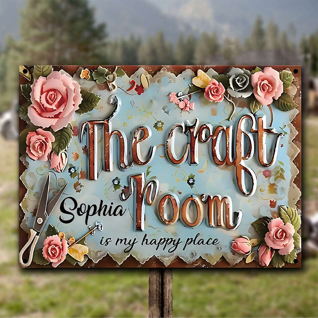 Craft Room Is My Happy Place - Personalized Sewing Rectangle Metal Sign