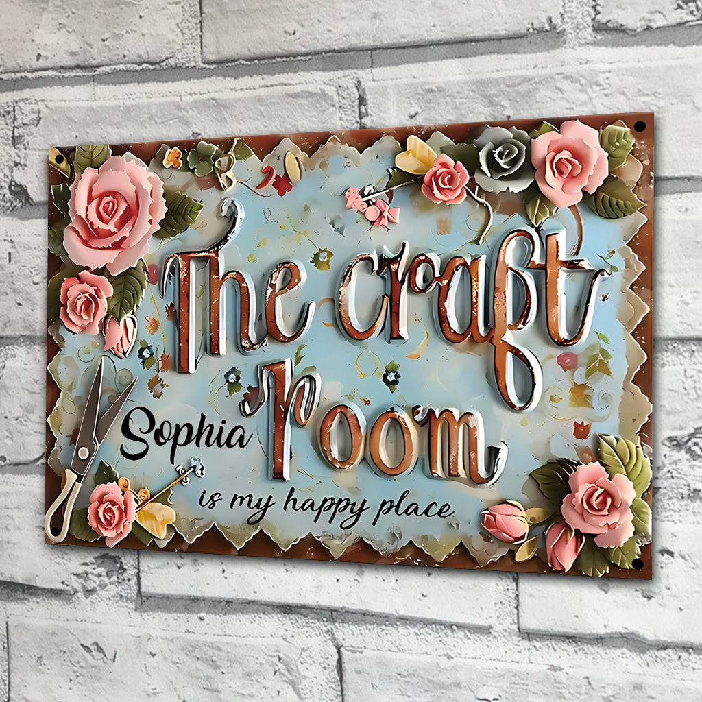 Craft Room Is My Happy Place - Personalized Sewing Rectangle Metal Sign