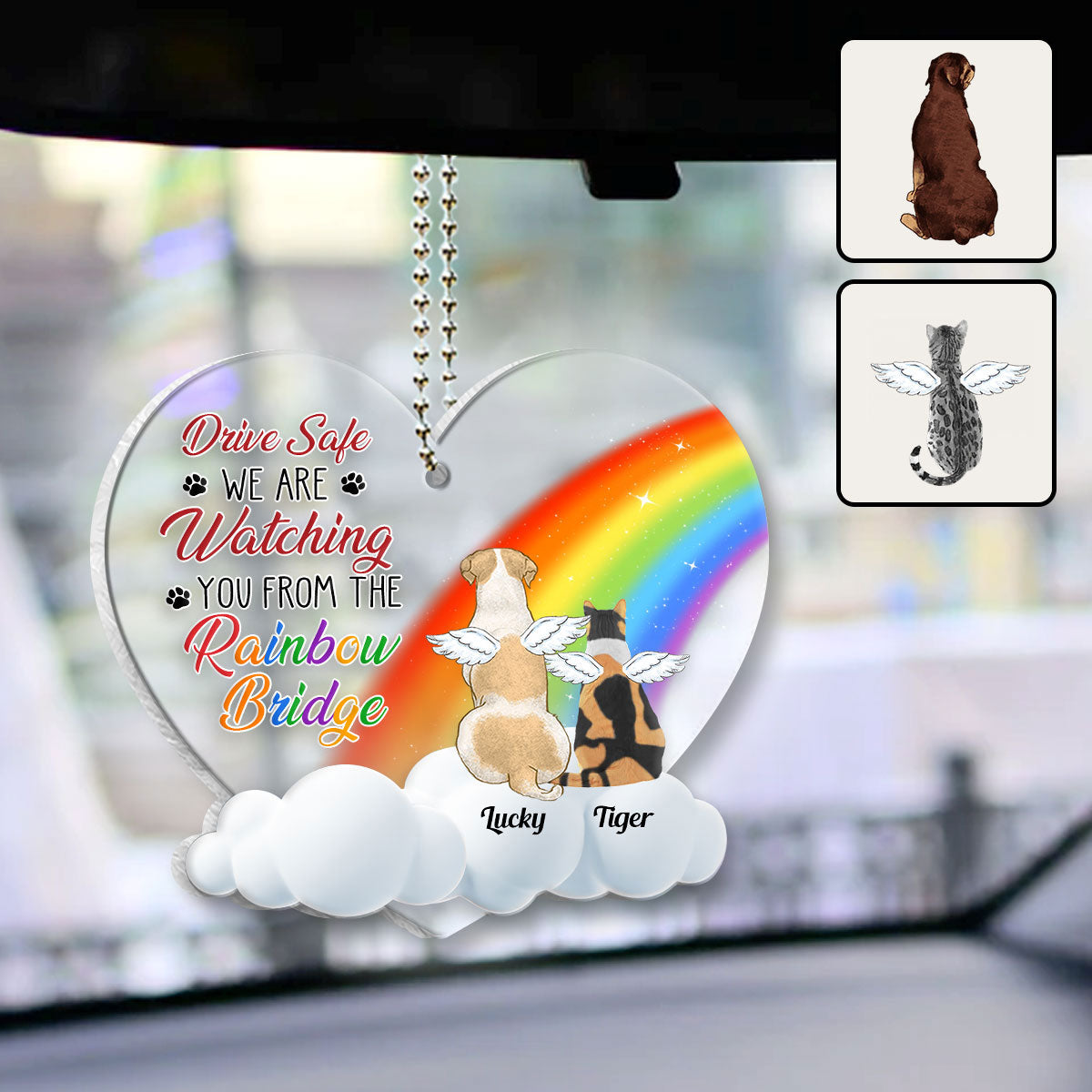 Fahr vorsichtig! Wir beobachten dich von der Regenbogenbrücke aus – Personalisierter transparenter Autoanhänger in Hundeform