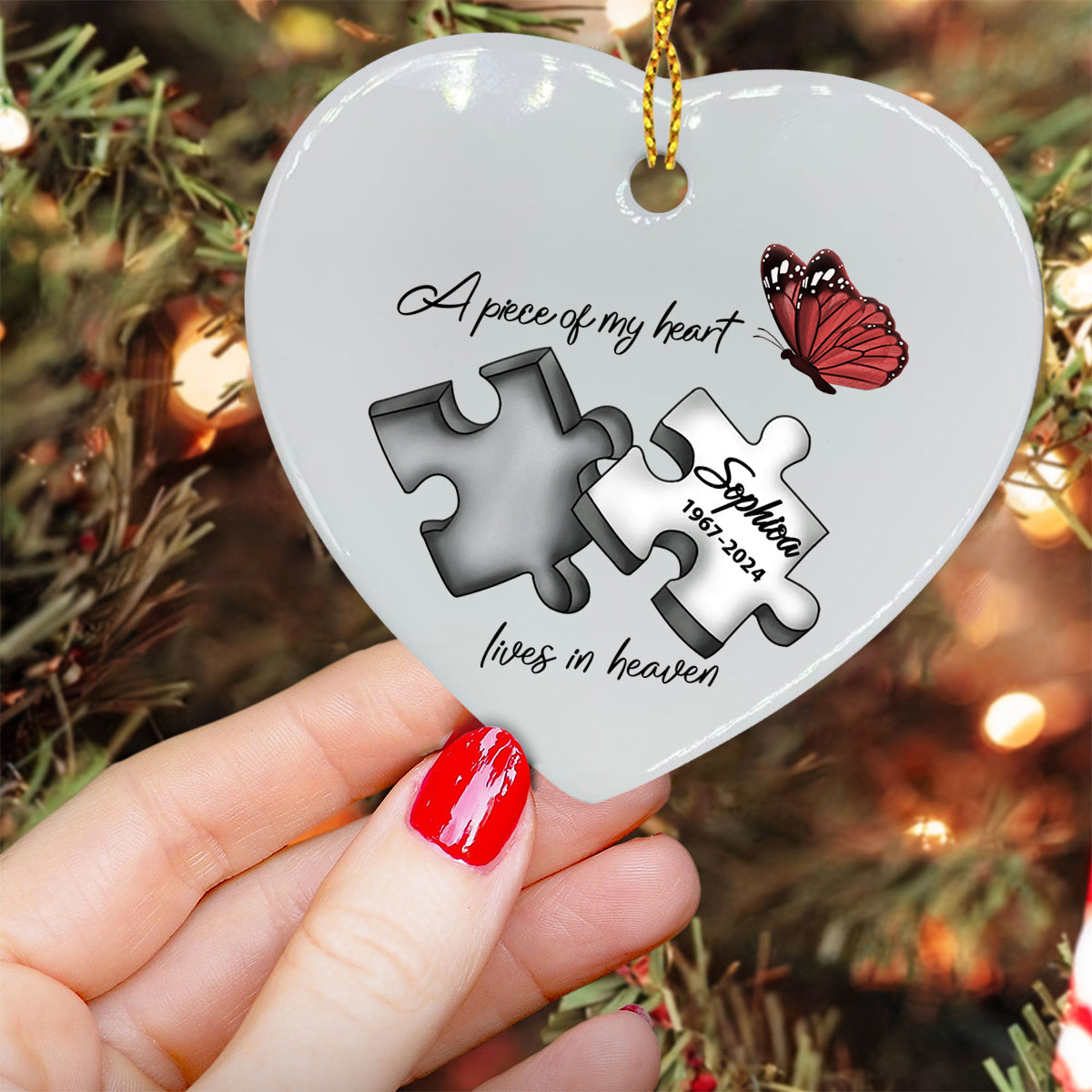 A Piece Of My Heart Lives In Heaven - Personalized Memorial Ceramic Heart Ornament