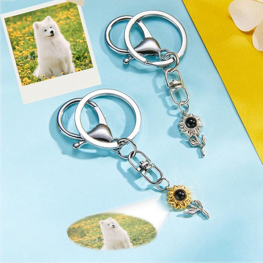 Personalisierter Schlüsselanhänger mit Sonnenblumenprojektion und Foto-Sonnenblume – das perfekte Geschenk für jeden Hunde- oder Katzenliebhaber, der einen geliebten Menschen verloren hat.