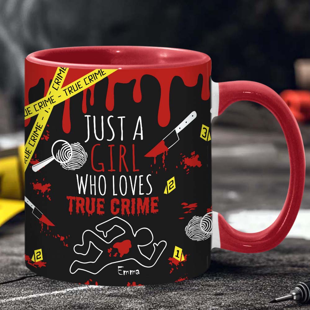 Personalisierte Tasse mit Akzent für ein Mädchen, das True Crime liebt