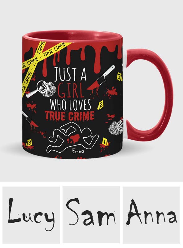 Personalisierte Tasse mit Akzent für ein Mädchen, das True Crime liebt