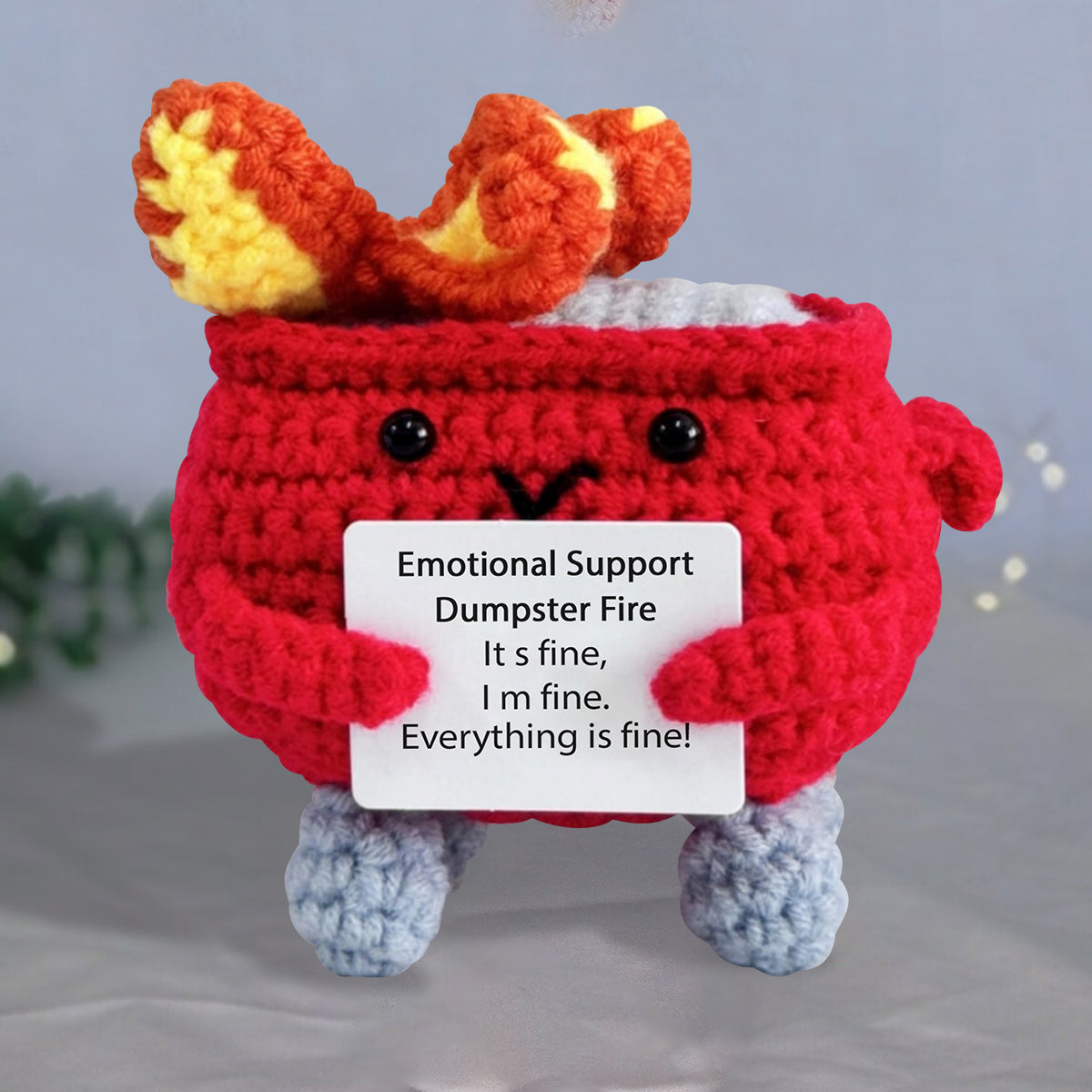 Cute Emotional Support Dumpster Fire Crochet - Personalized Colleague Hand Knitted Figurine