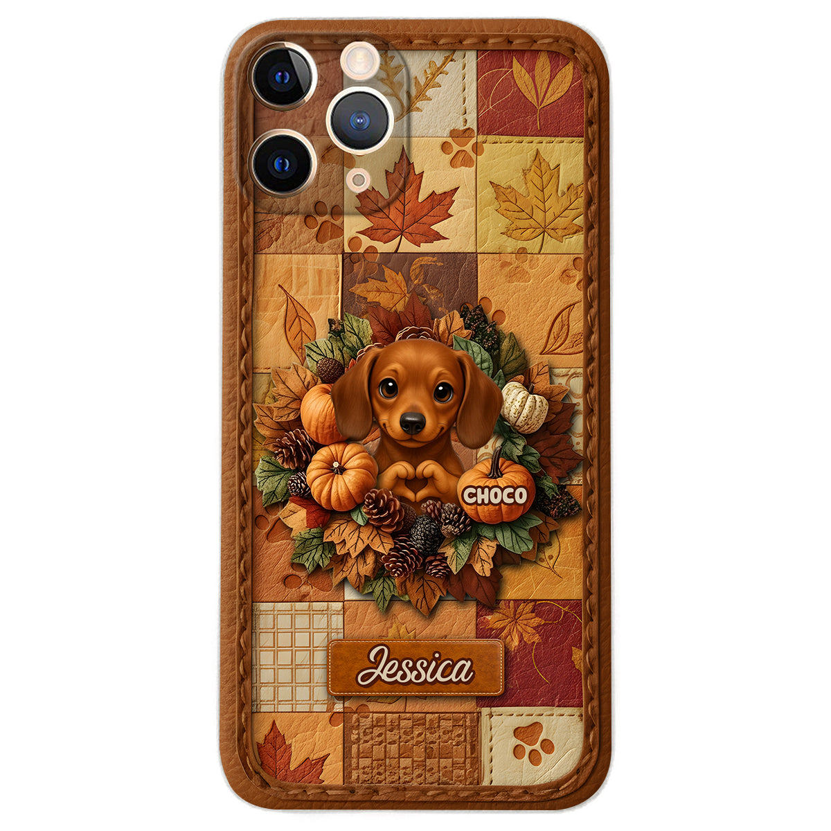 Willkommen Herbst – Personalisierte Handyhülle aus Leder mit Hundemotiv