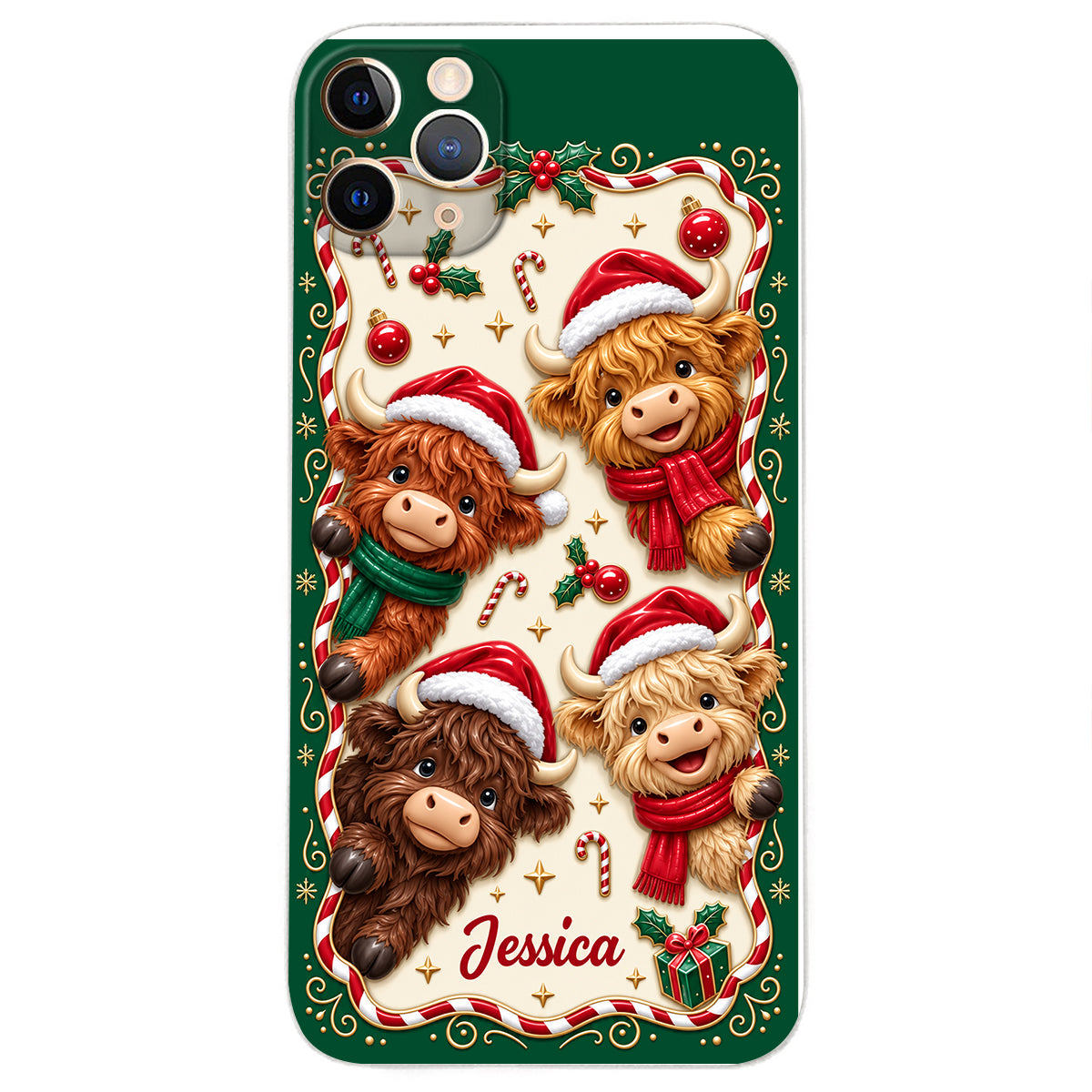 Merry Christmas Cute Highland Cows - Personalized Highland Cow 3D Embossed Leather Phone Case