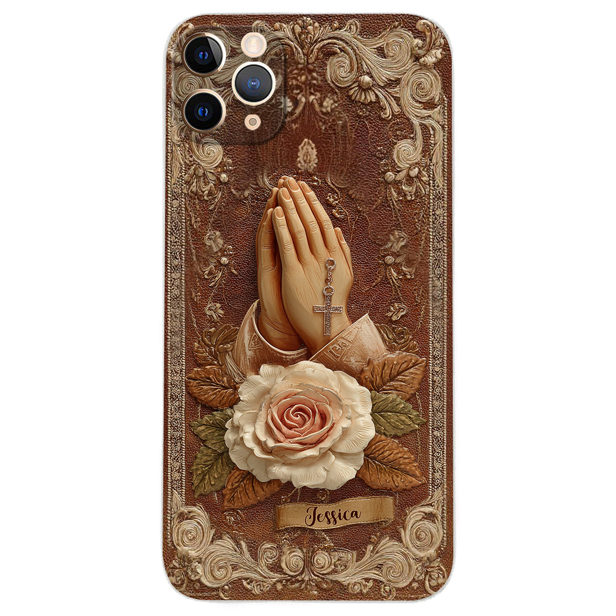 Betende Hände mit Rosen – Personalisierte christliche Handyhülle aus Leder