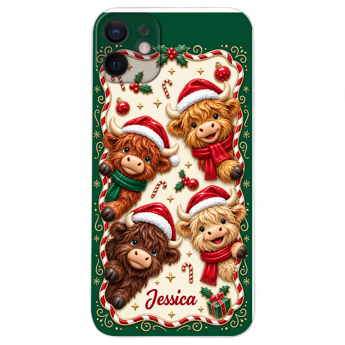Merry Christmas Cute Highland Cows - Personalized Highland Cow 3D Embossed Leather Phone Case