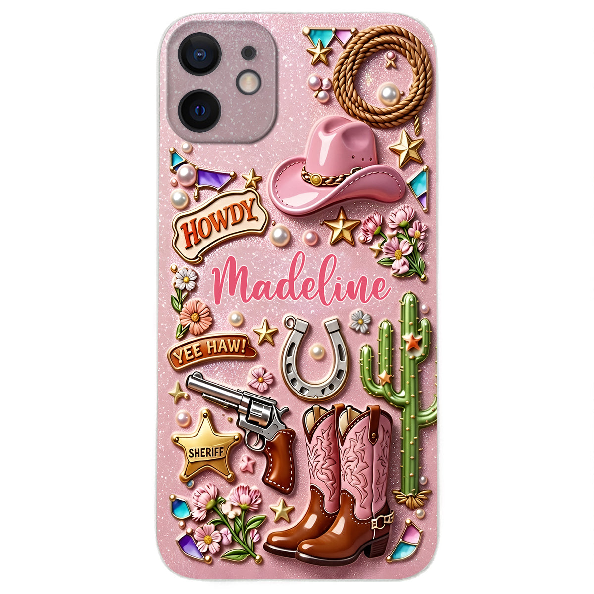 Cowgirl Gift, Whimsical Wild West Western - Personalized Cowgirl 3D Embossed Leather Phone Case