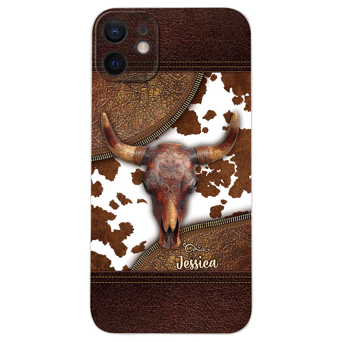 Skeleton Bull Skull - Personalized Western Leather Phone Case