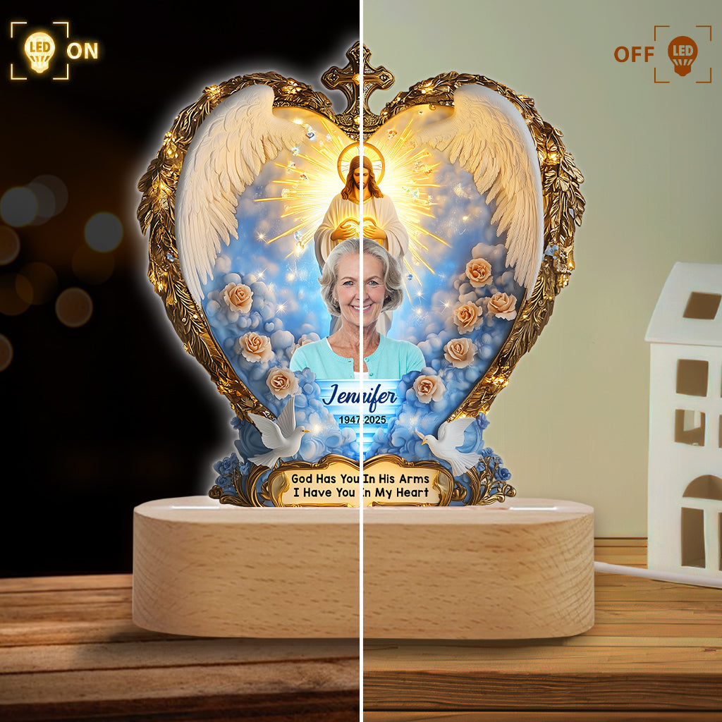 God Has You In His Arms - Personalized Memorial Shaped Plaque Light Base
