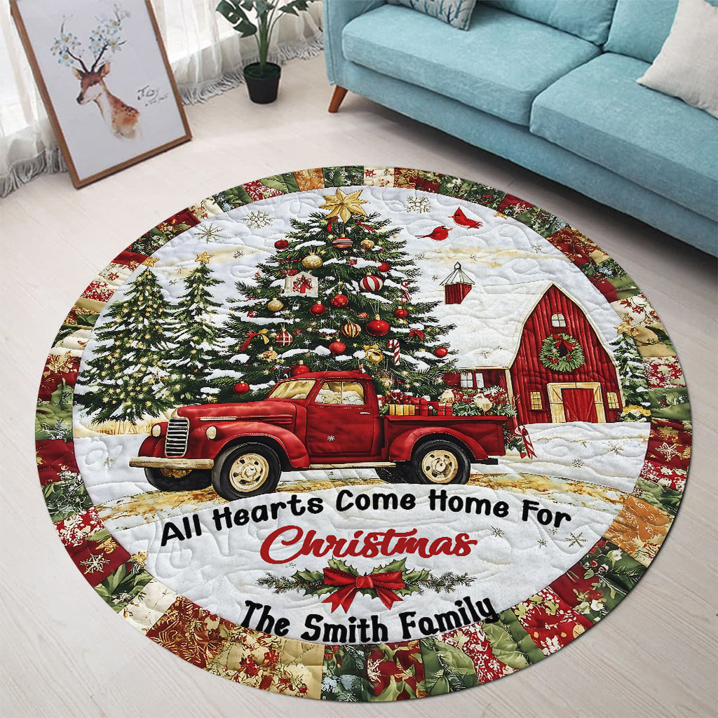 Alle Herzen kommen zu Weihnachten nach Hause - Personalisierter runder Familienteppich
