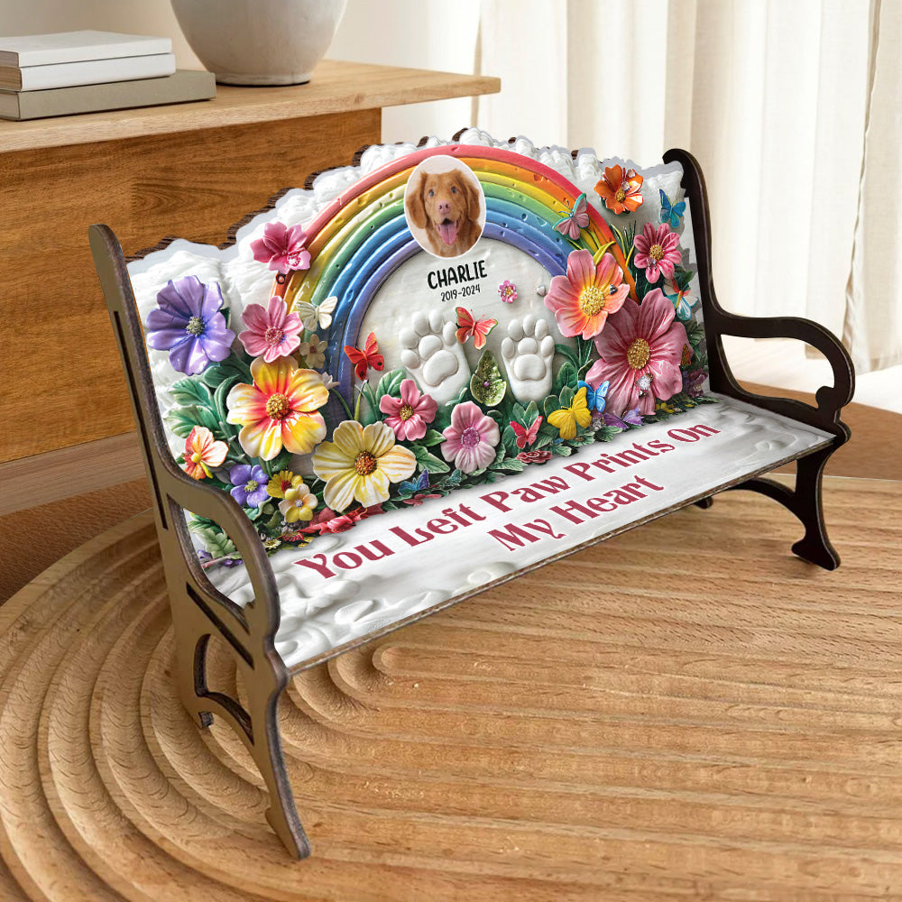 Du hast Pfotenabdrücke in unseren Herzen hinterlassen – personalisierte Hunde-Holzbank