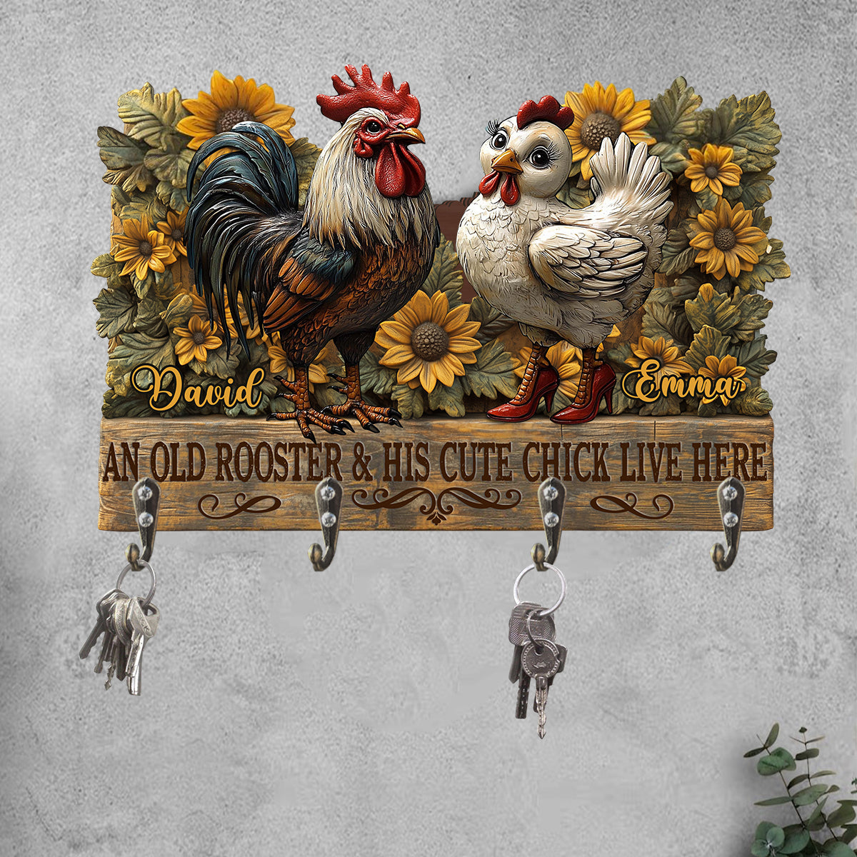 An Old Rooster And His Cute Chick Live Here - Personalized Farmer Custom Shaped Key Rack