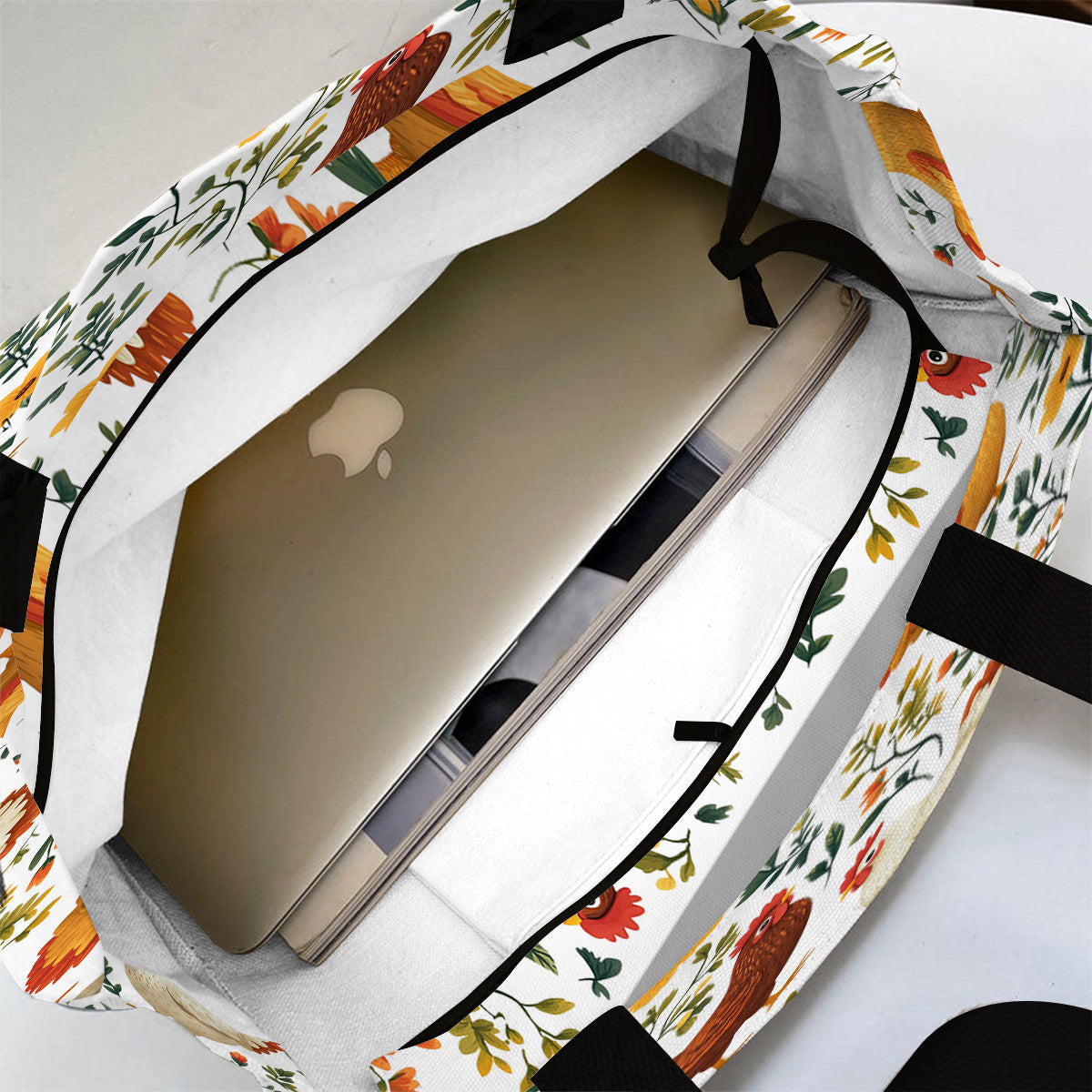 Niedliche Tragetasche aus Canvas mit Hühnermotiv und Blumenmuster – personalisierter Allover-Hühnerprint
